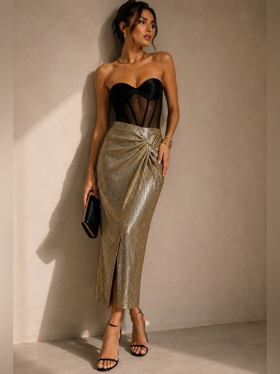 Significant Other Dresses & Skirts - SIGNIFICANT OTHER Metallic Gold Twist Front Midi Skirt | Y2K 90s Party Glam